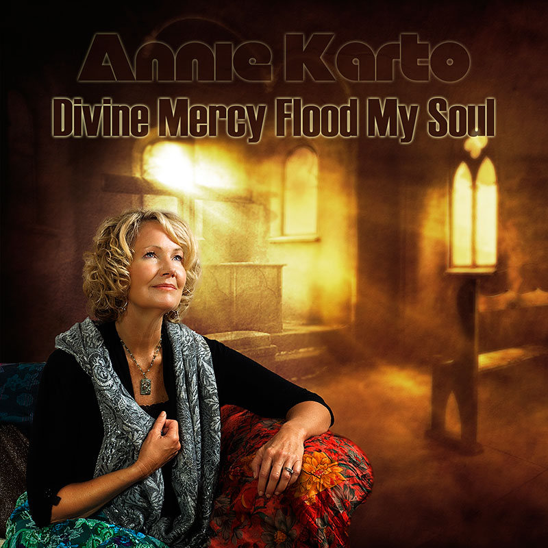 Compact Disc Case cover for Divine Mercy Flood My Soul by Catholic Singer and Songwriter, Annie Karto.